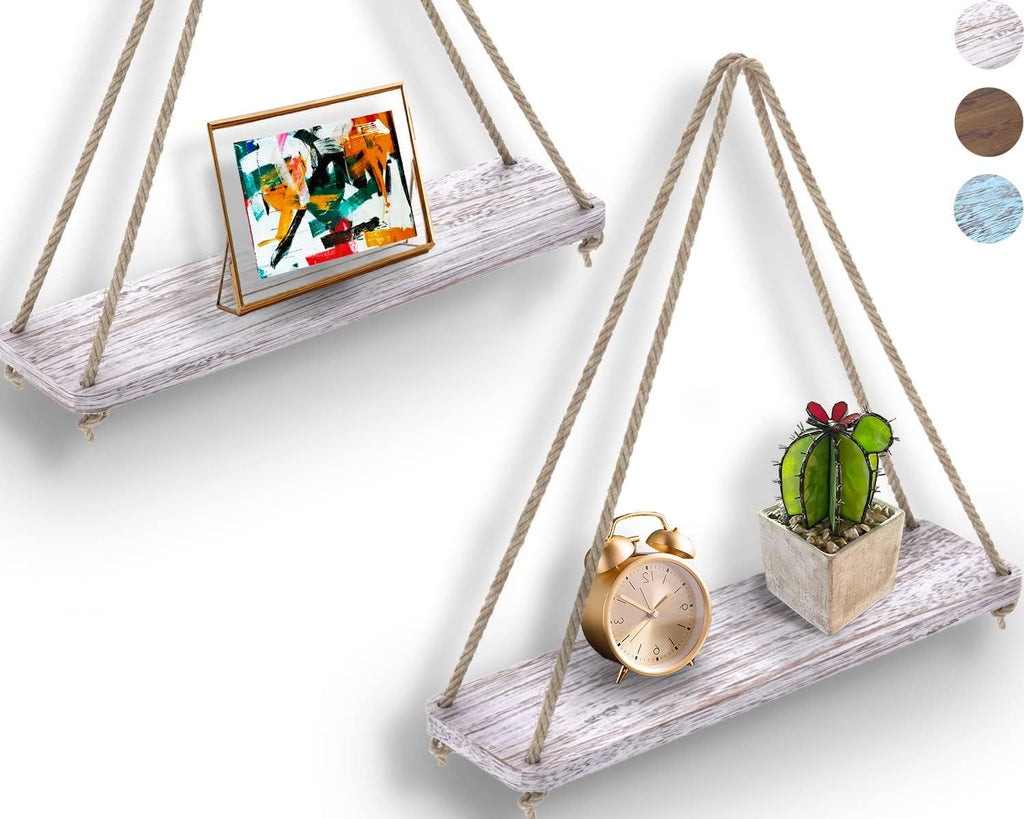 Hanging Shelves for Wall - Set of 2 – Rustic Farmhouse Boho Shelves with String – 17”X5.2” – Thick Distressed, Torched Look Real Wood - Rustic White