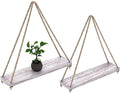 Hanging Shelves for Wall - Set of 2 – Rustic Farmhouse Boho Shelves with String – 17”X5.2” – Thick Distressed, Torched Look Real Wood - Rustic White