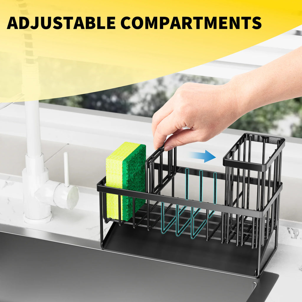Cisily Kitchen Item Sink Caddy Kitchen Organizer, Sponge Holder for Kitchen Sink, Drain on an Incline Kitchen Sink Organizer,Rust-Resistant Metal Black Sink Caddy,Sink Caddy with Brush Holder