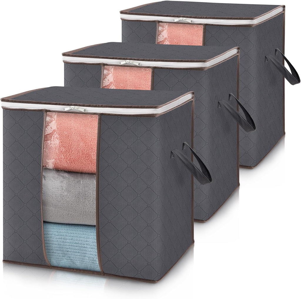 3 Pack Clothes Storage Bins with Lids, Foldable Blanket Storage Bags with Zippers, Clear Window and Reinforced Handles, Closet and Organization for Clothing, Sweater, Comforter, Bedding, Gray