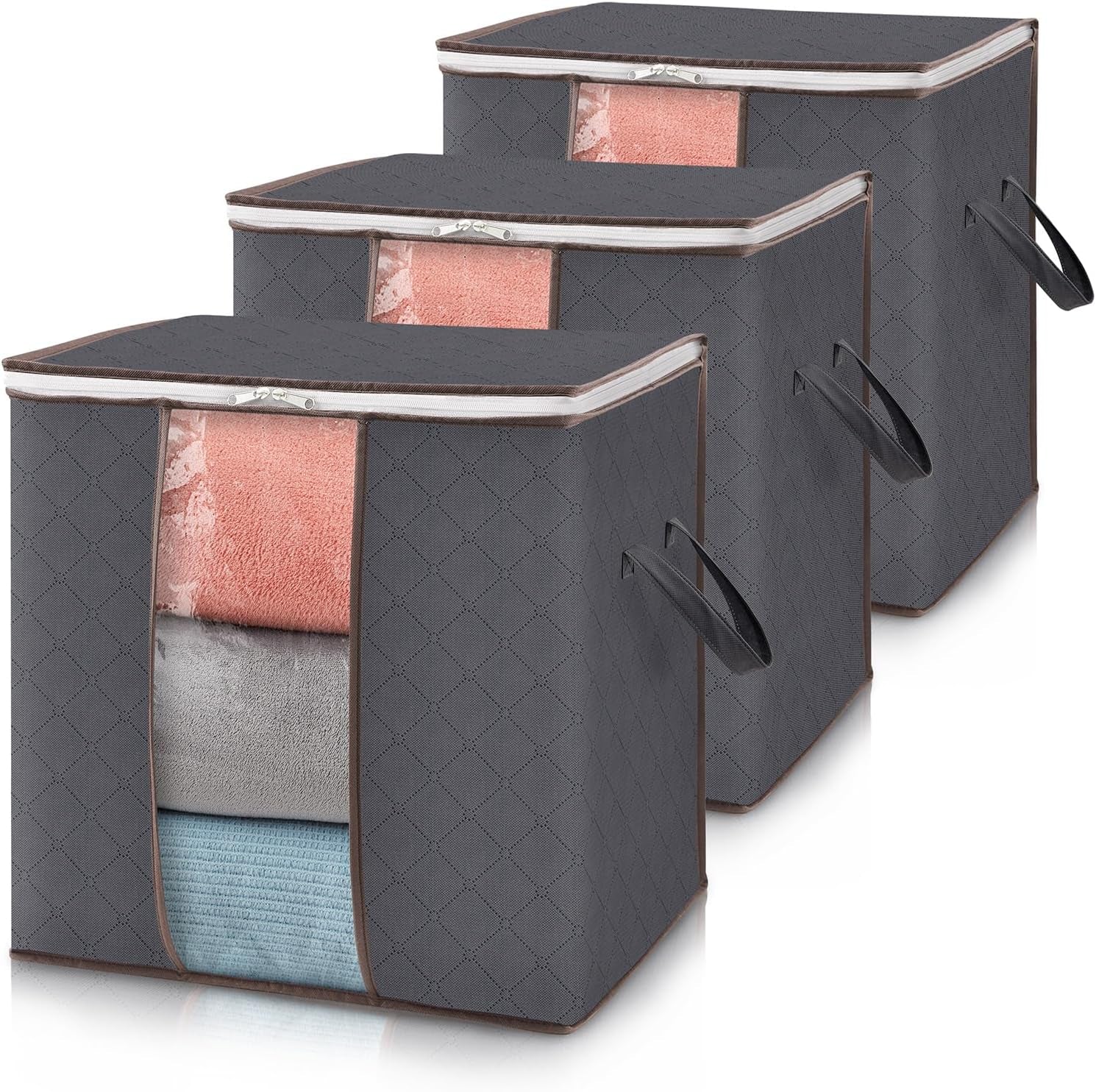 3 Pack Clothes Storage Bins with Lids, Foldable Blanket Storage Bags with Zippers, Clear Window and Reinforced Handles, Closet and Organization for Clothing, Sweater, Comforter, Bedding, Gray
