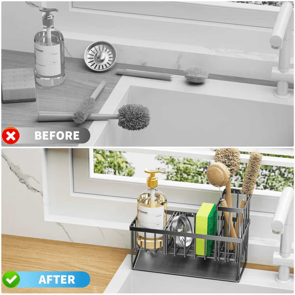 Cisily Kitchen Item Sink Caddy Kitchen Organizer, Sponge Holder for Kitchen Sink, Drain on an Incline Kitchen Sink Organizer,Rust-Resistant Metal Black Sink Caddy,Sink Caddy with Brush Holder