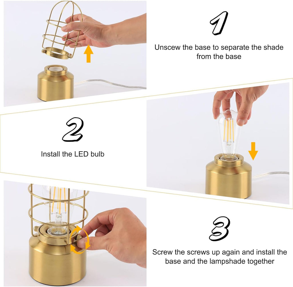 Small Touch Gold Table Lamp for Small Spaces - 3 Way Dimmable Industrial Bedside Lamp - Steampunk Antique Nightstand Desk for Bedroom, Living Room (Bulb Included)